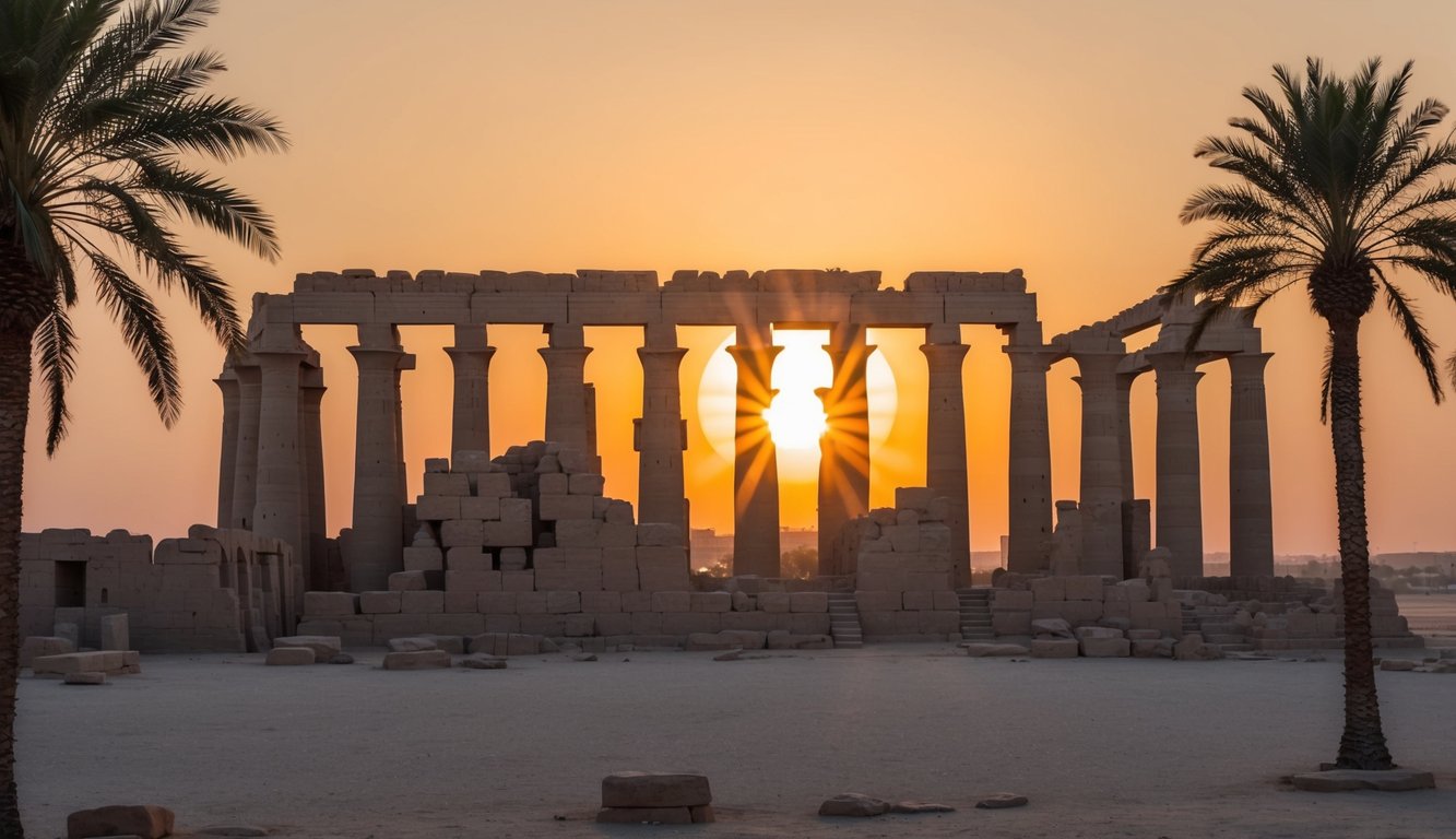 The sun sets behind the ancient Luxor Temple, casting a warm glow on the towering columns and intricate carvings. Palm trees sway in the gentle breeze, adding to the serene atmosphere