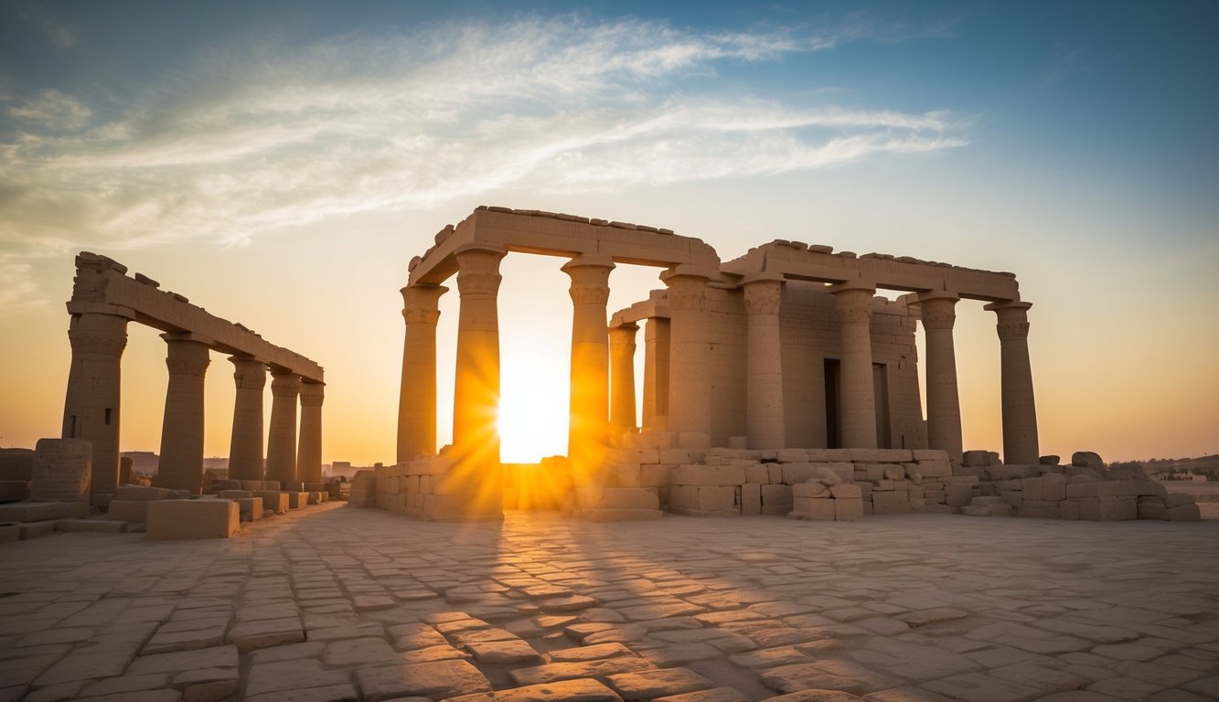 The sun sets behind the Luxor Temple, casting a warm glow on the ancient columns and hieroglyphs, symbolizing the religious significance of the site