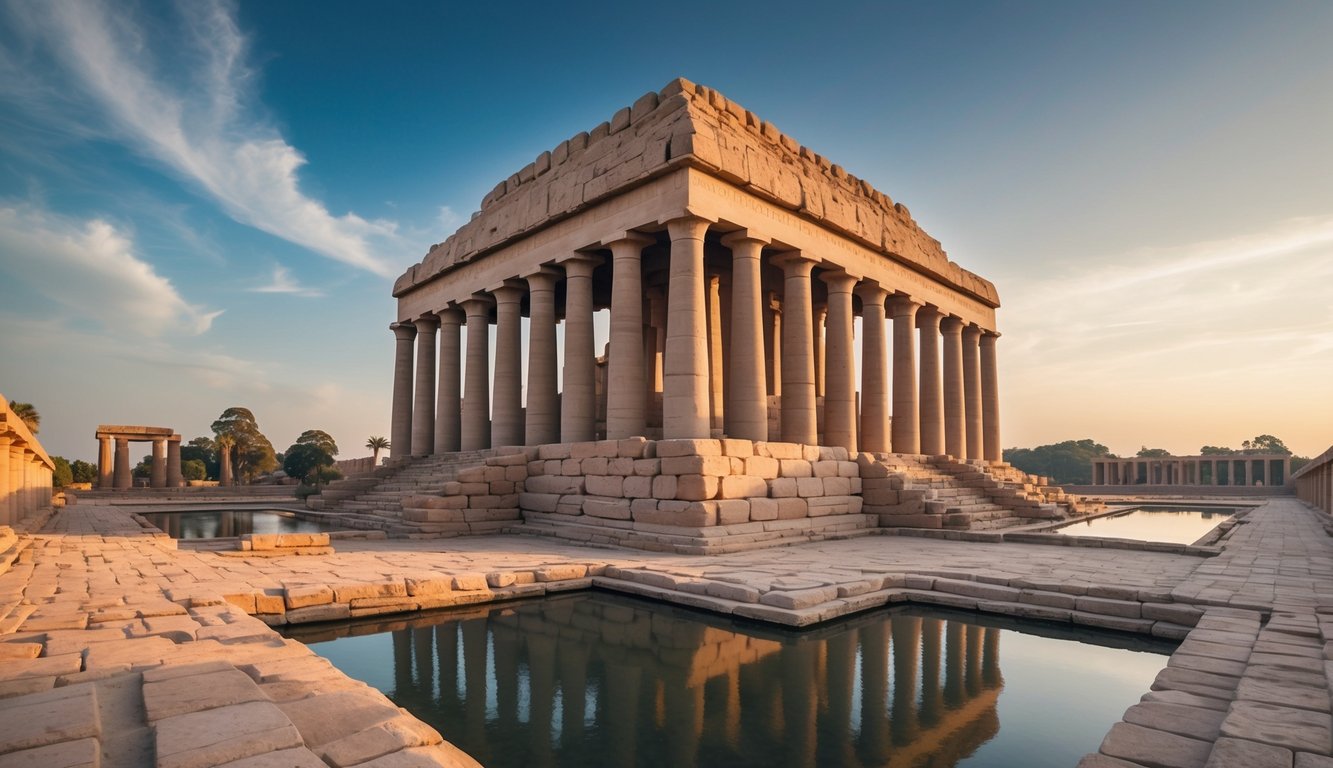 The massive Karnak Temple Complex rises majestically, with towering columns and intricate carvings, surrounded by a vast courtyard and sacred pools