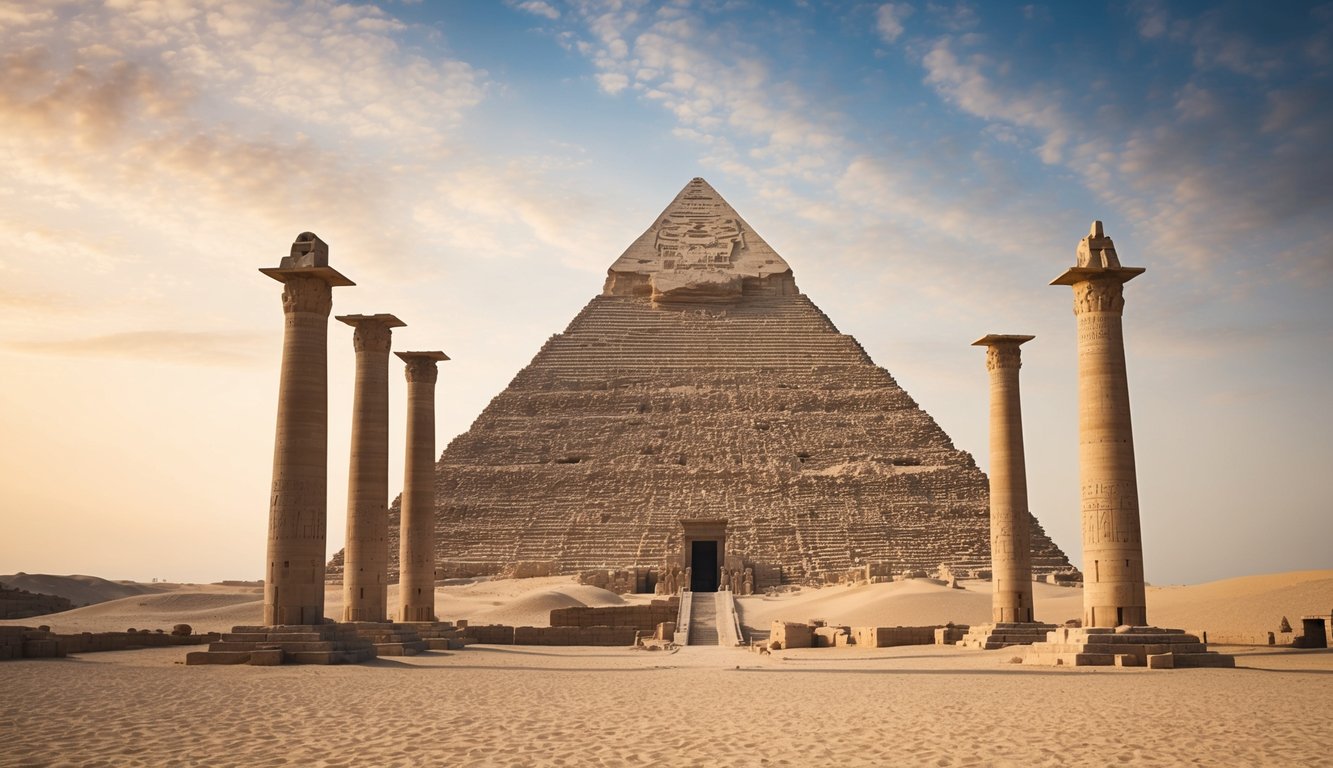 A grand pyramid rises from the desert sands, flanked by towering obelisks and intricate columns of an ancient Egyptian temple