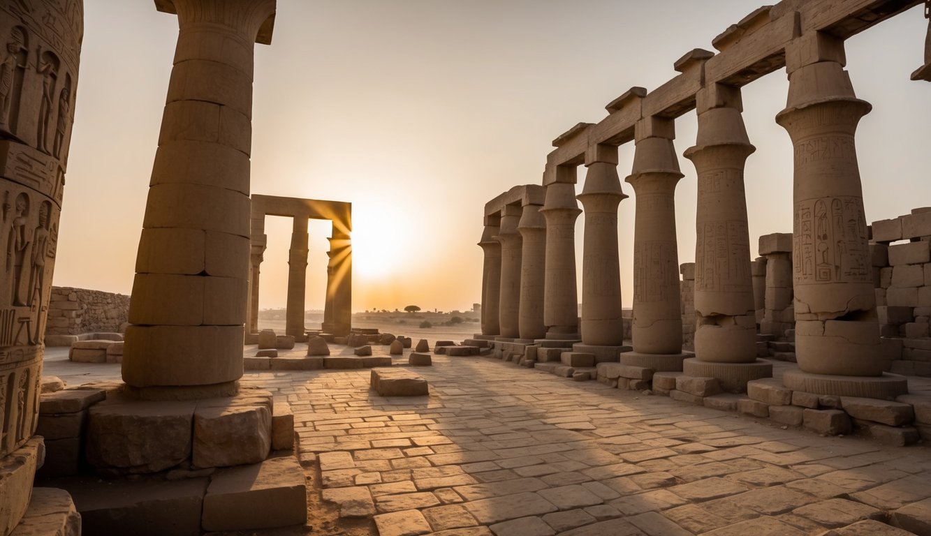 The sun sets behind the ancient Karnak Temple Complex, casting long shadows over the weathered stone pillars and hieroglyphic-covered walls