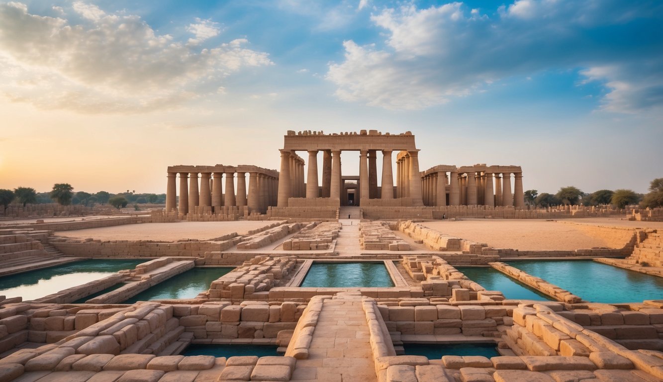 The Karnak Temple Complex bustles with towering columns and intricate hieroglyphics, surrounded by vast open courtyards and sacred pools