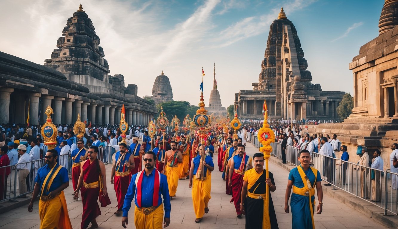 A grand procession winds through the Karnak Temple Complex, with colorful banners and ornate religious symbols carried by participants