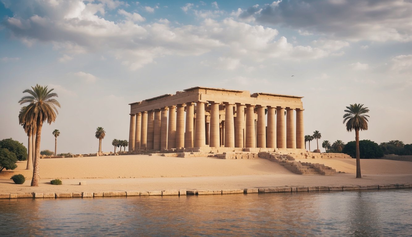 The grand Karnak Temple complex, with towering columns and intricate hieroglyphic carvings, surrounded by palm trees and the Nile River