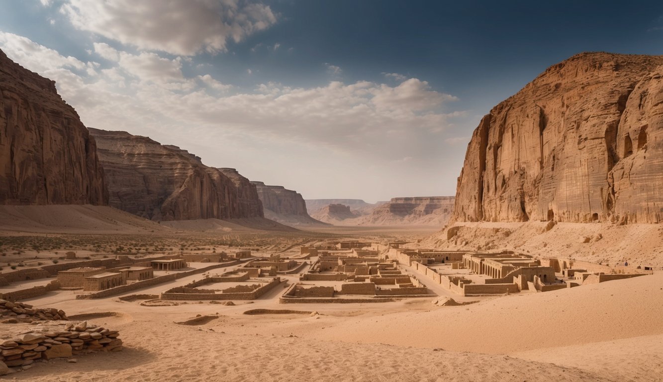 The Valley of the Kings, with its towering cliffs and vast desert expanse, reveals ancient tombs and ruins hidden among the rugged landscape