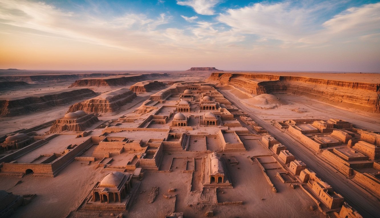 Aerial view of the Valley of the Kings with ancient tombs and surrounding desert landscape