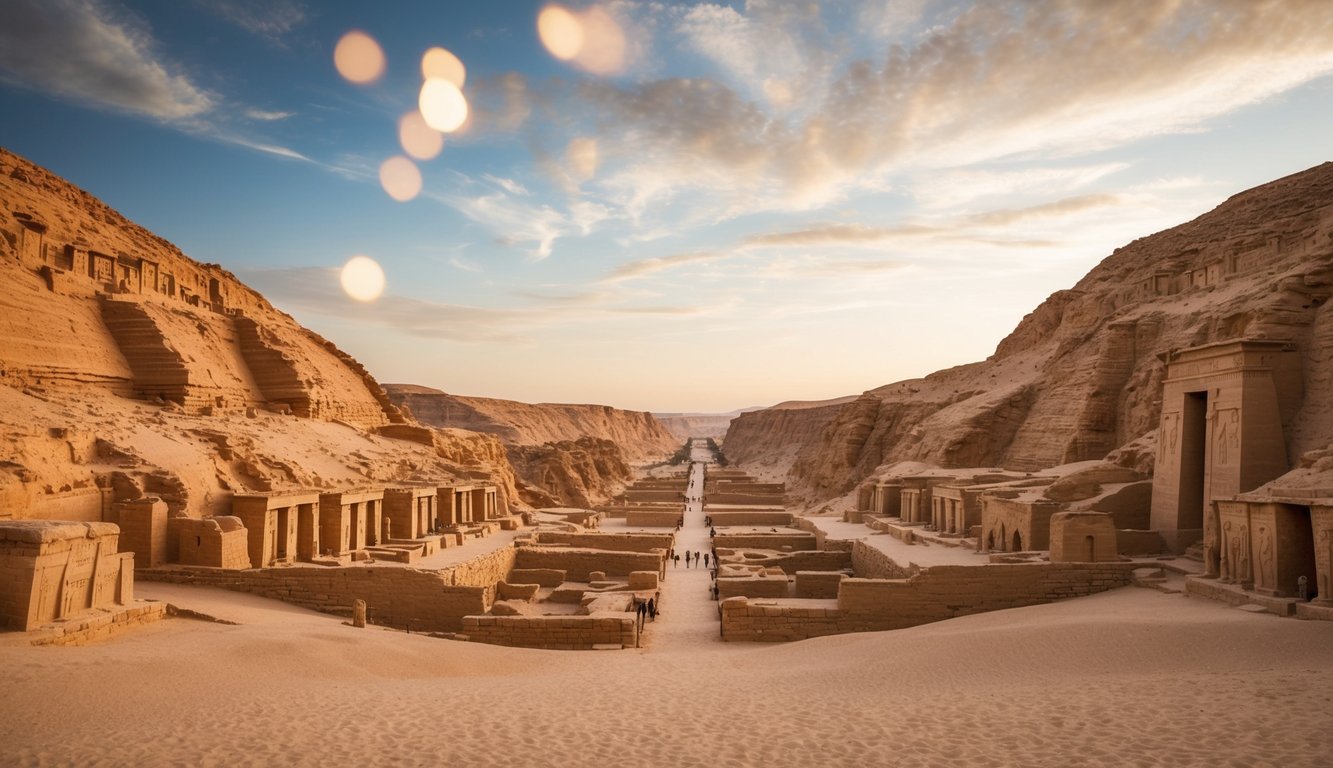 The Valley of the Kings, nestled among desert cliffs, features a series of ancient Egyptian tombs with ornate carvings and hieroglyphics