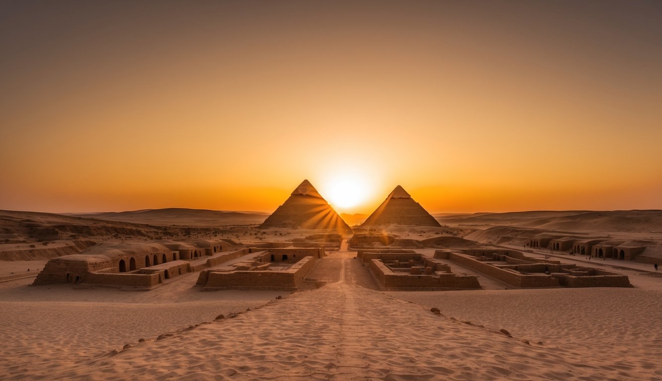 The sun sets behind the ancient tombs of the Valley of the Kings, casting long shadows over the vast, sandy landscape