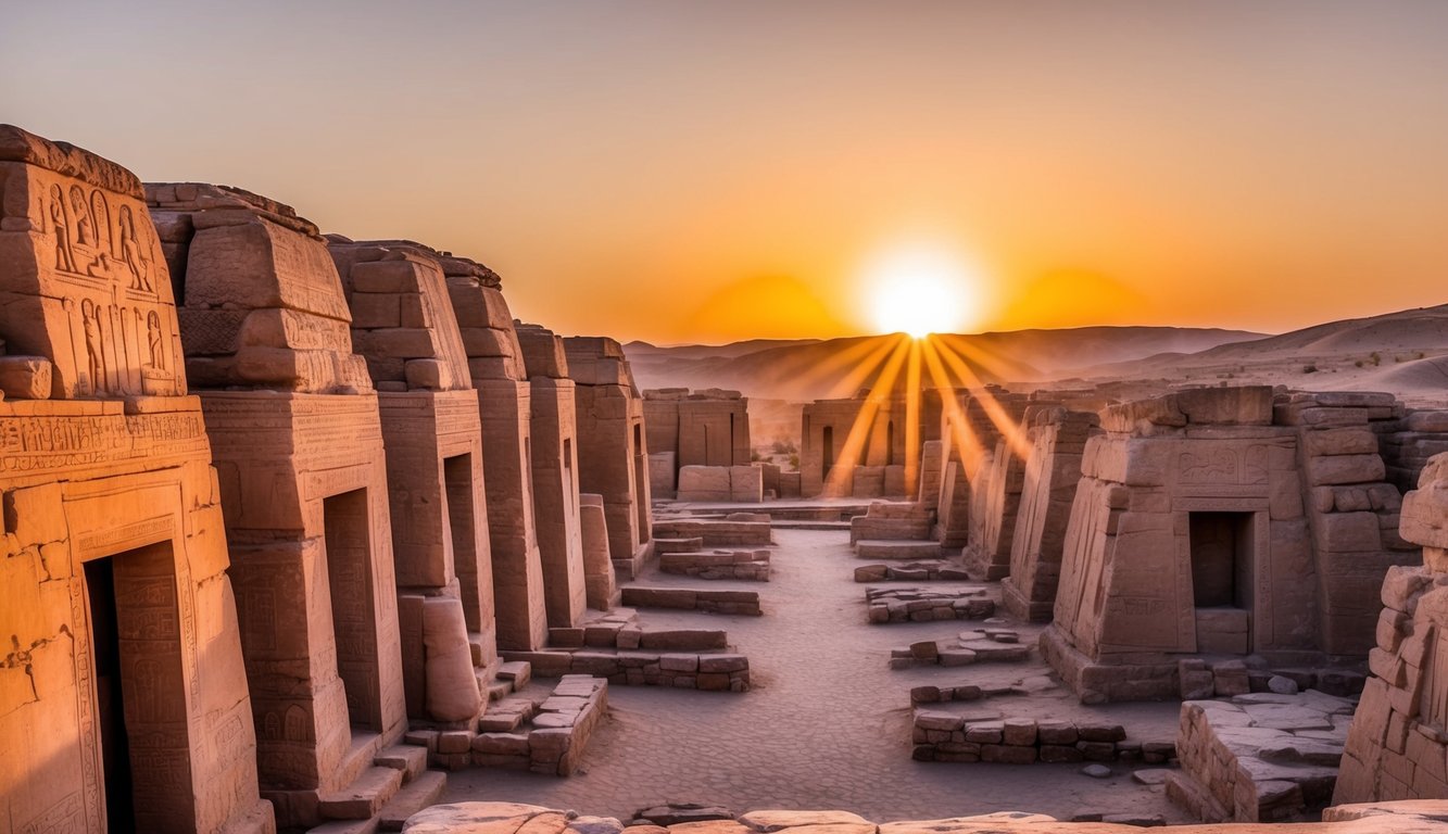 The sun sets behind the ancient tombs, casting long shadows over the intricate carvings and hieroglyphics adorning the towering stone walls of the Valley of the Kings