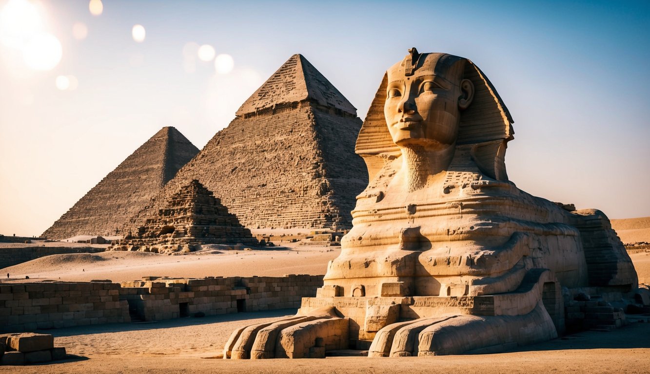 The Sphinx stands majestically in front of the ancient Egyptian pyramids, with its lion body and human head, guarding the sacred architecture