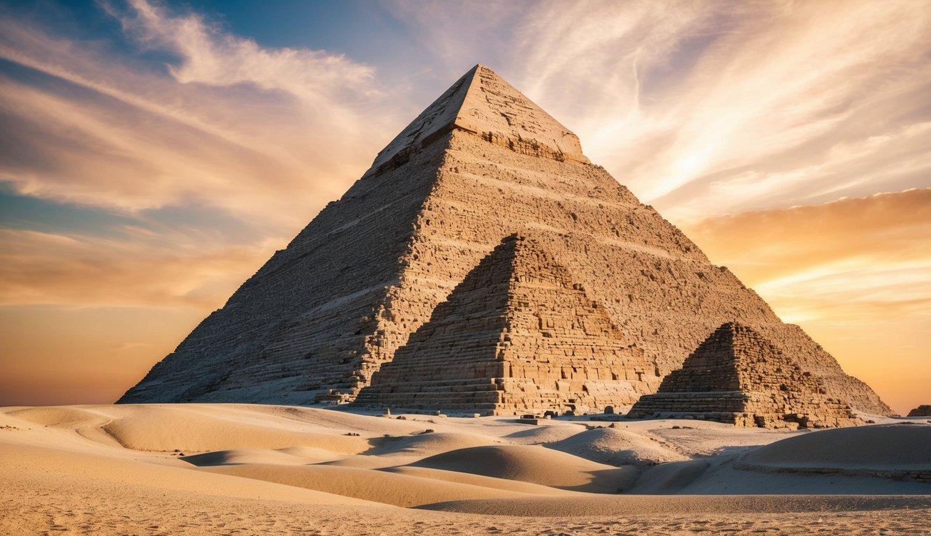 The towering Great Pyramids of Giza rise majestically against the desert backdrop, their massive stone blocks forming a timeless testament to ancient Egyptian architectural mastery