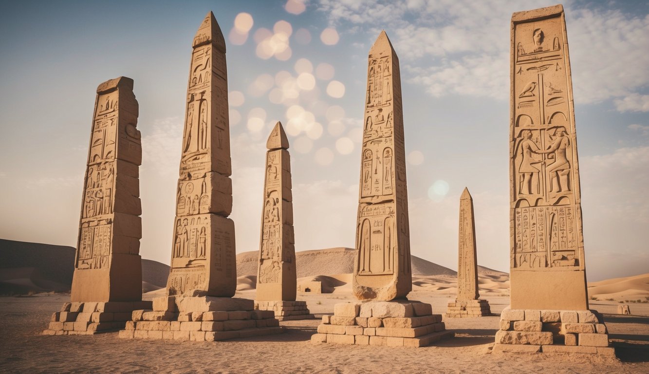 Ancient Egyptian obelisks stand tall against a desert backdrop, adorned with intricate hieroglyphics and symbols