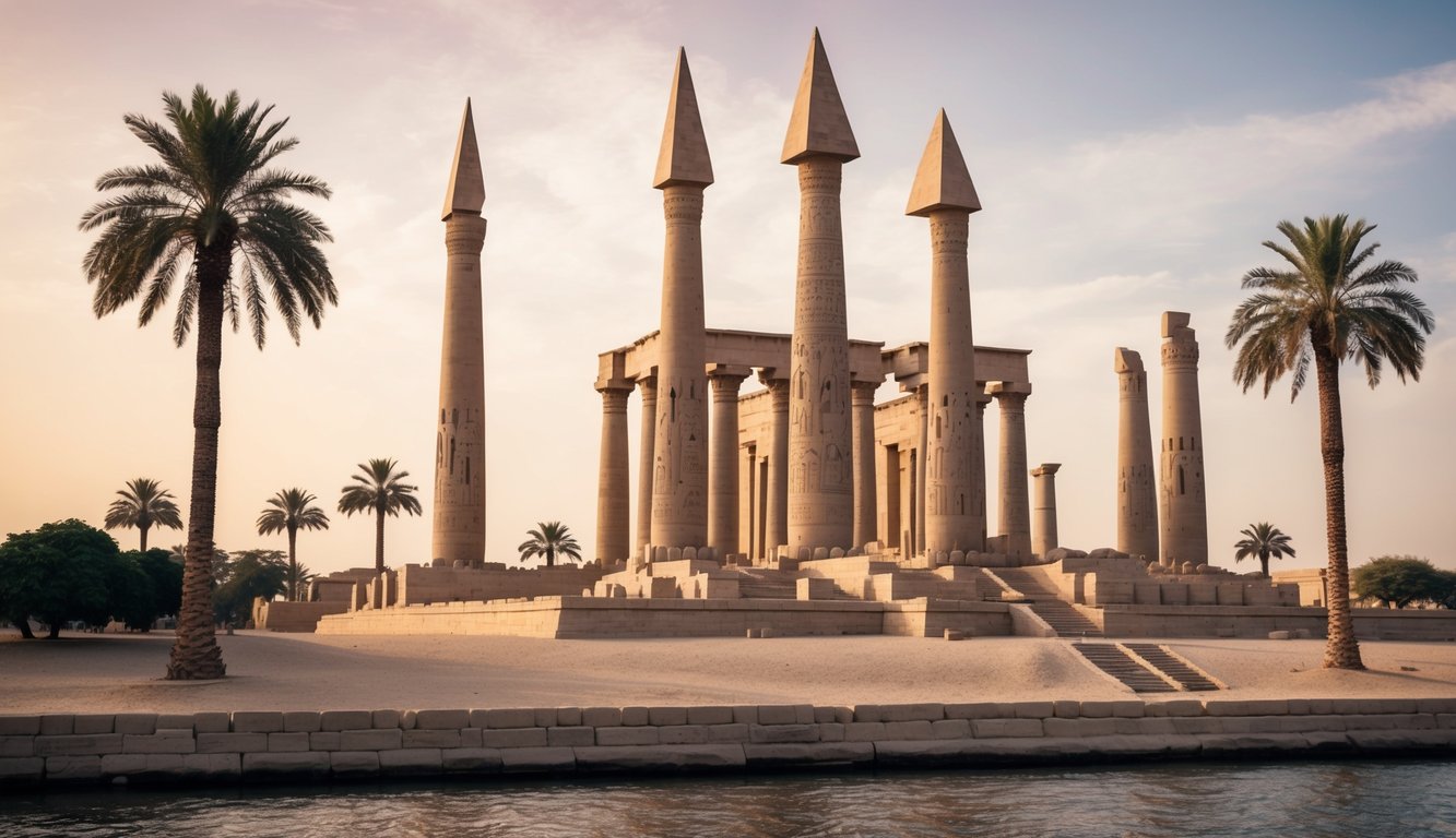 A grand temple complex with towering obelisks and intricate hieroglyphic carvings, surrounded by palm trees and the Nile River