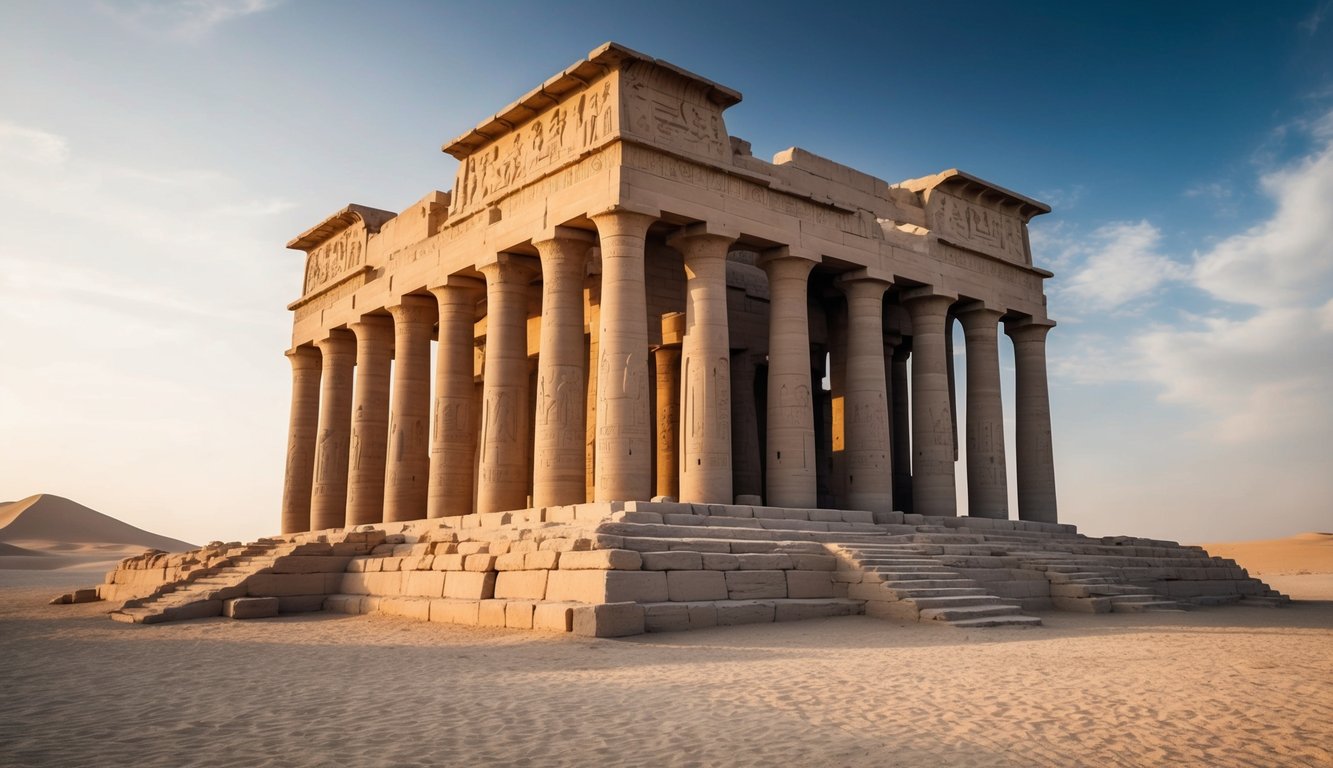 An ancient Egyptian mortuary temple stands tall with intricate columns and hieroglyphic carvings, surrounded by a serene desert landscape