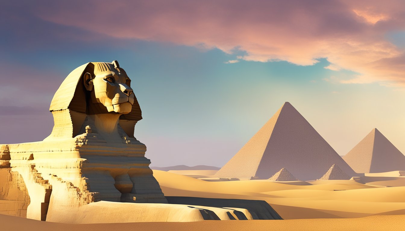 The Great Sphinx of Giza stands tall, with the body of a lion and the head of a human, gazing out over the desert landscape