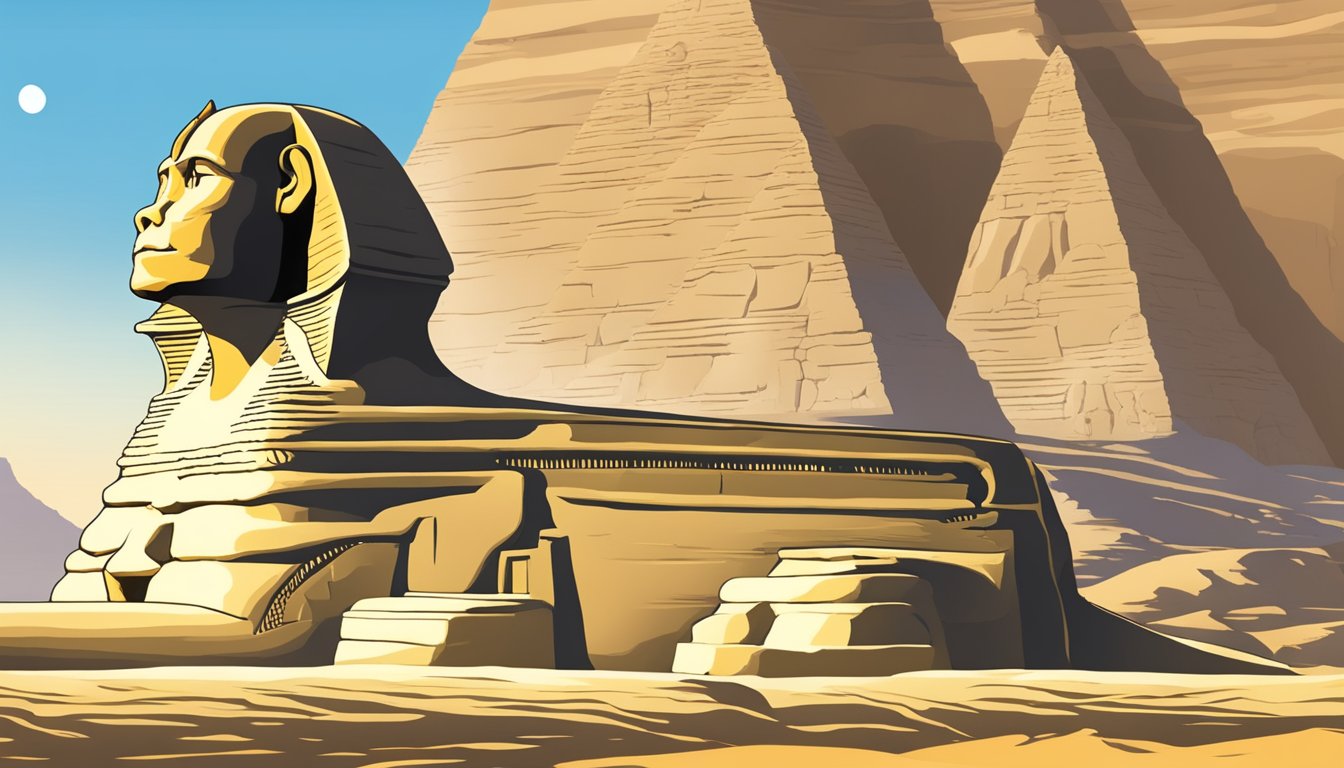 The Great Sphinx of Giza stands majestically in the desert, its weathered limestone form gazing out over the ancient landscape