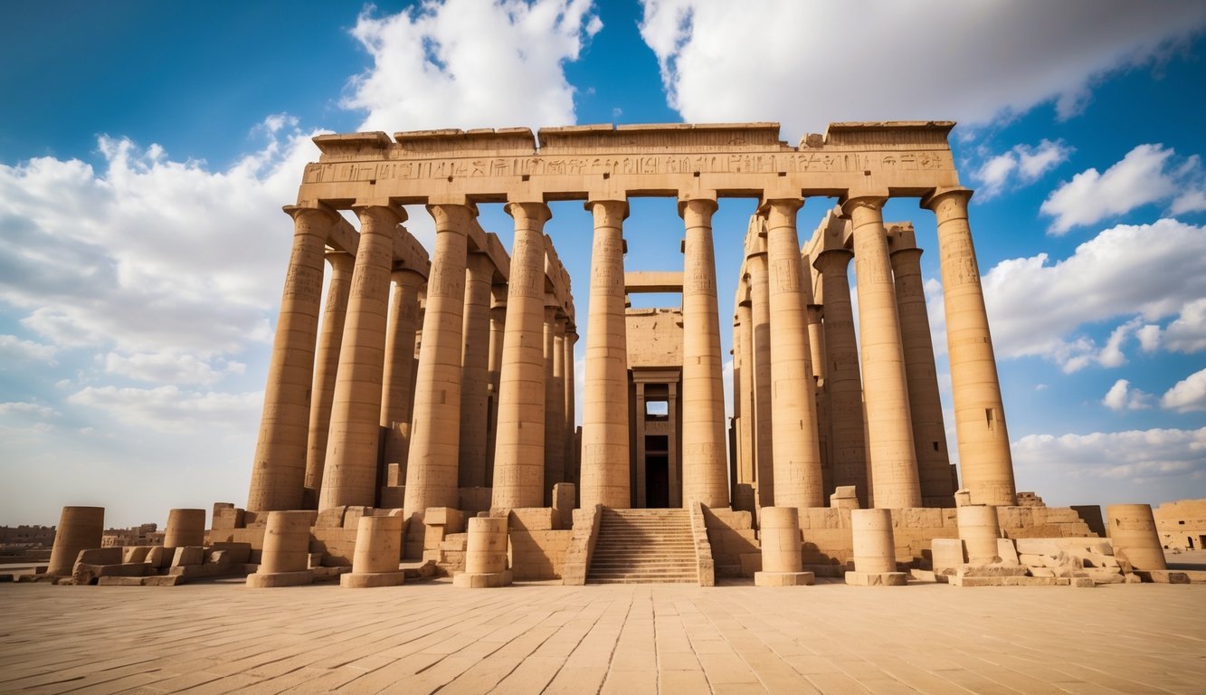 The grand Luxor Temple stands with towering columns and intricate hieroglyphics, surrounded by a vast open courtyard